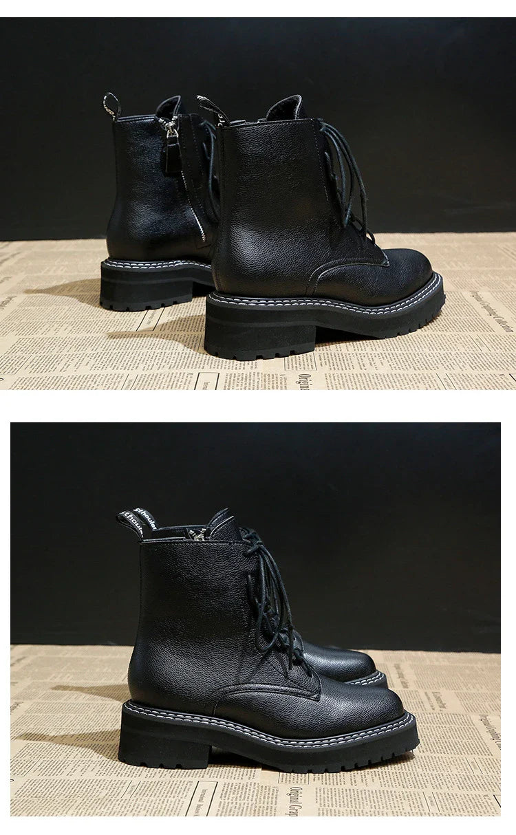 Stylish women's platform locomotive boots with leather upper and rubber sole, in black and cotton black colors