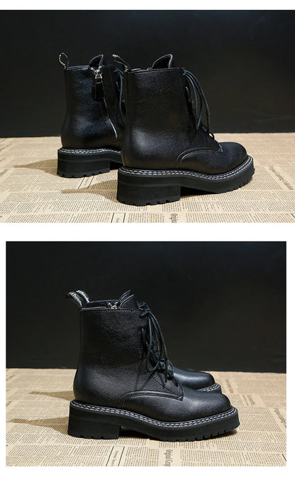 Stylish women's platform locomotive boots with leather upper and rubber sole, in black and cotton black colors
