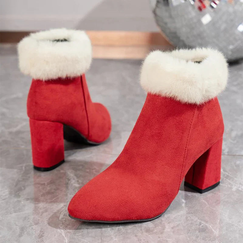 A pair of stylish plaid print plush ankle boots with a square heel, designed for warm and comfortable winter wear.