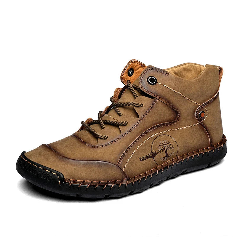 Rugged retro leather boots in black, light brown, and khaki colors, featuring a vintage-inspired design with eye-catching stitching and a durable rubber sole for superior grip