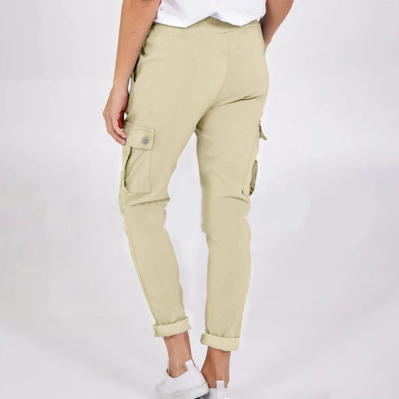 Stylish women's cargo pants with drawstring waist, pockets, and solid colour design