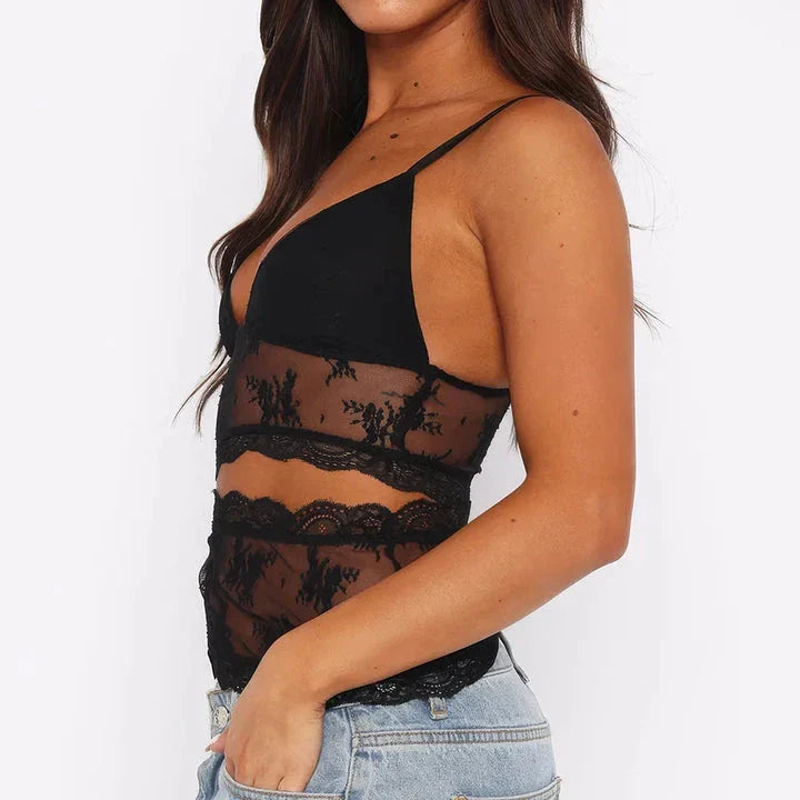 Stylish floral lace camisole with spaghetti straps and backless design, perfect for summer fashion