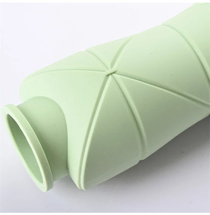 600ml folding silicone water bottle in green, pink, blue, and gray colors for outdoor sports and travel use