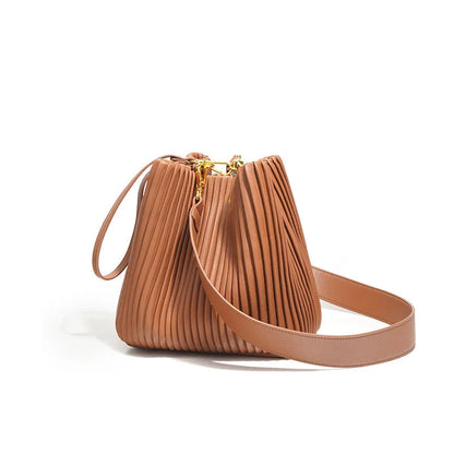 Elegant microfibre leather bucket bag with ruched design, suitable for Kiwi lifestyles