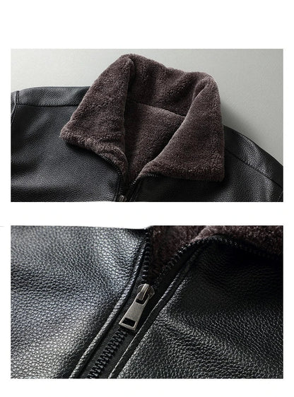 Fleece-lined men's leather jacket in black and brown colors with stand collar for warmth and comfort