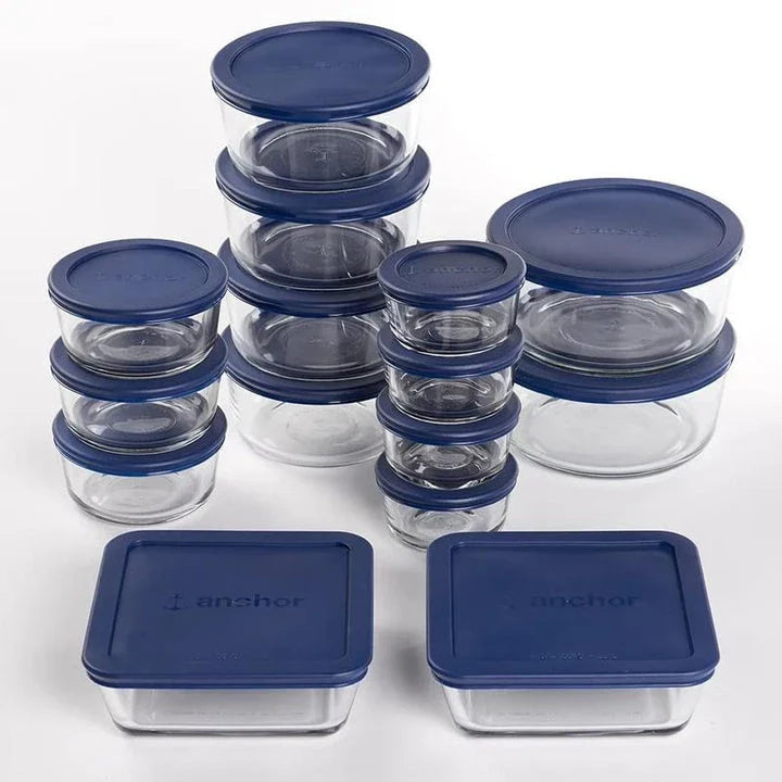 30-piece glass food storage containers with navy blue lids, perfect for meal prep, leftovers, and kitchen organization