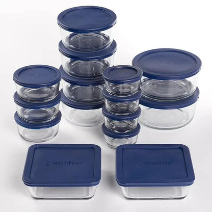 30-piece glass food storage containers with navy blue lids, perfect for meal prep, leftovers, and kitchen organization