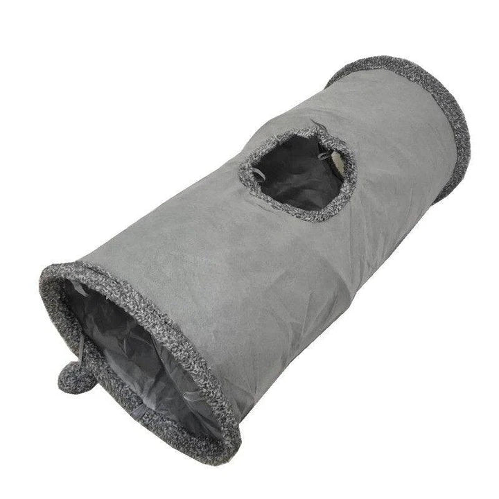 Collapsible cat tunnel toy made of soft, durable polyester fabric in gray color