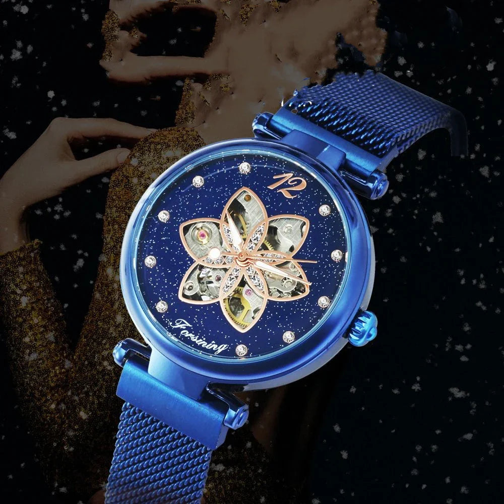 Casual Mesh Belt Automatic Mechanical Watch with Alloy Case and Adjustable Mesh Band