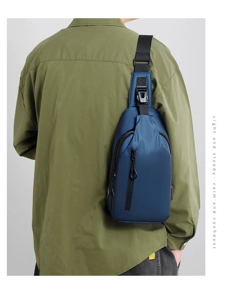 Eco-friendly sling backpack in blue, black, and grey colours with adjustable strap for hands-free wear