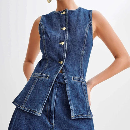 Stylish denim vest and high-waisted shorts set in a contemporary Kiwi-inspired design, perfect for summer fashion