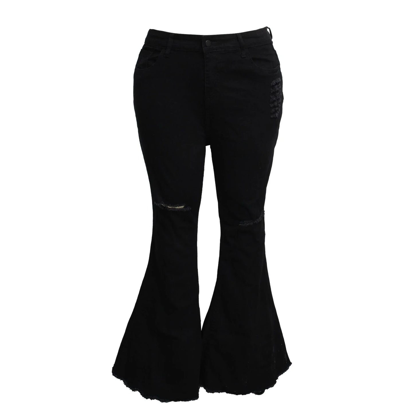 Stylish stretch denim flare jeans in black and light blue colors, featuring a high-waisted, bell-bottom design for a flattering, retro-inspired look.