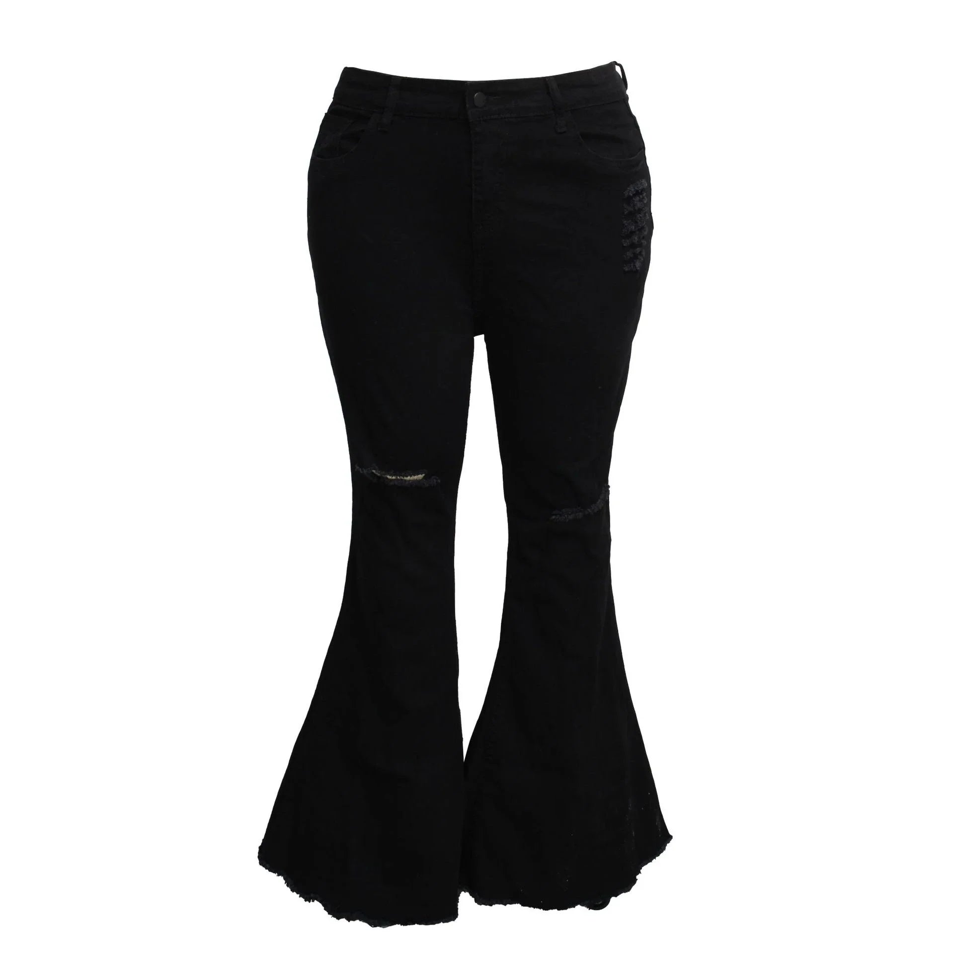 Stylish stretch denim flare jeans in black and light blue colors, featuring a high-waisted, bell-bottom design for a flattering, retro-inspired look.