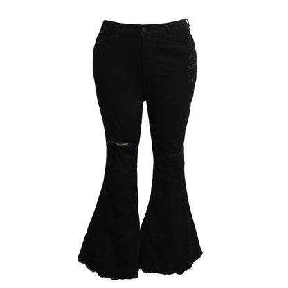 Stylish stretch denim flare jeans in black and light blue colors, featuring a high-waisted, bell-bottom design for a flattering, retro-inspired look.