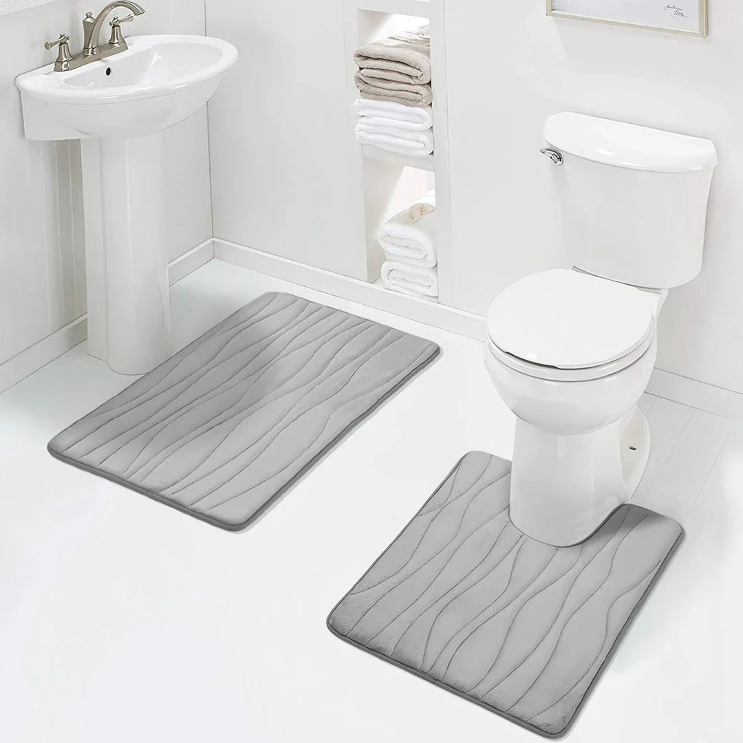 Cosy and comfortable memory foam bathroom mat set with microfiber velvet exterior in black, brown, and gray colours