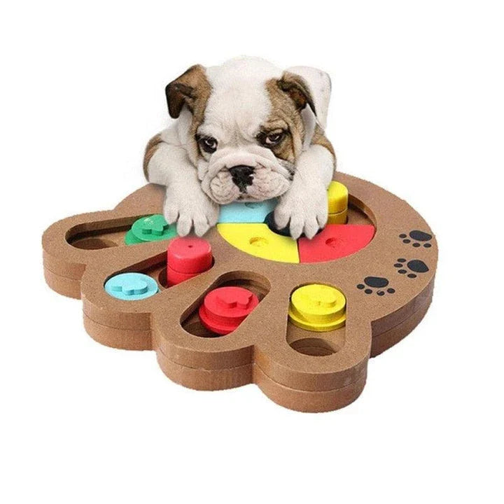 Paw-shaped puzzle treat board made of sustainable New Zealand pine, designed to challenge and enrich your dog's mind