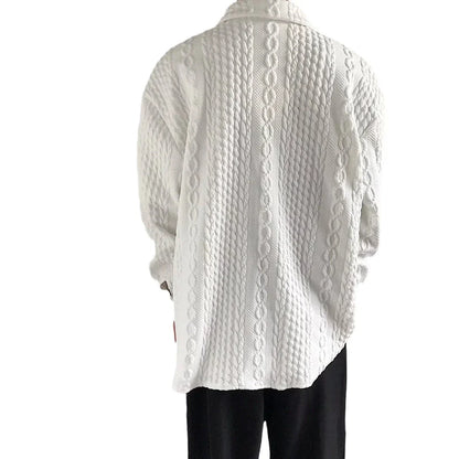 A relaxed-fit, long-sleeve men's shirt featuring a stylish Japanese-inspired hemp pattern in a versatile white color