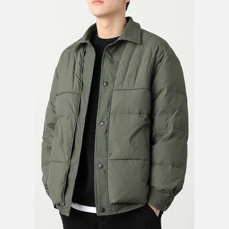 Stylish and practical lightweight down jacket in black and army green colors, perfect for Kiwi men's casual wear