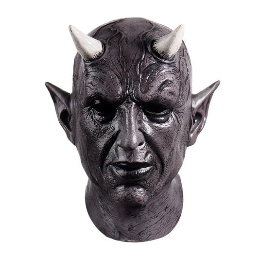 A black latex Halloween mask with intimidating bullhorns, perfect for a terrifying demon costume