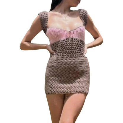 Stylish knitted dress with lace-up detail, available in blue, pink, and brown colors