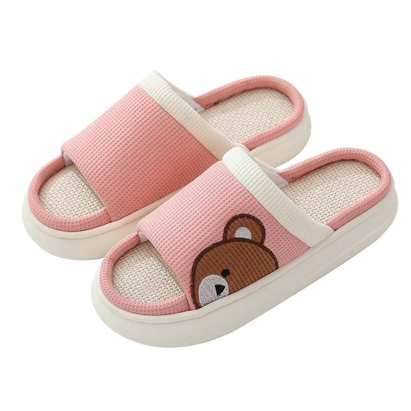 Cozy cartoon bear linen slippers with non-slip soles, perfect for indoor Kiwi comfort