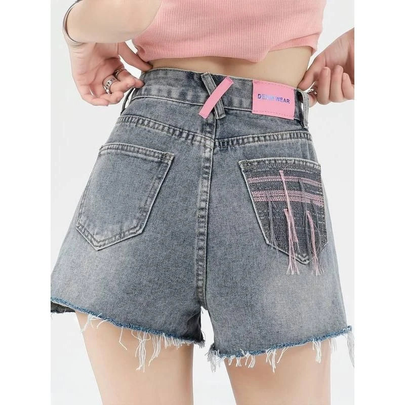 Casual High Waist Embroidery Denim Shorts for Kiwi women, featuring a premium cotton-polyester blend, flattering high-waist design, and subtle embroidered details