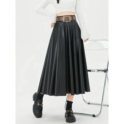 Elegant high-waist faux leather skirt with stylish belt, perfect for office or casual wear
