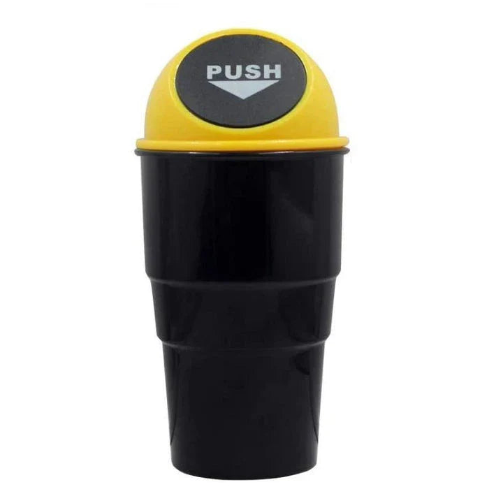 Compact in-car rubbish bin made of durable ABS plastic, designed to fit in car cup holders and keep vehicles clean and organised