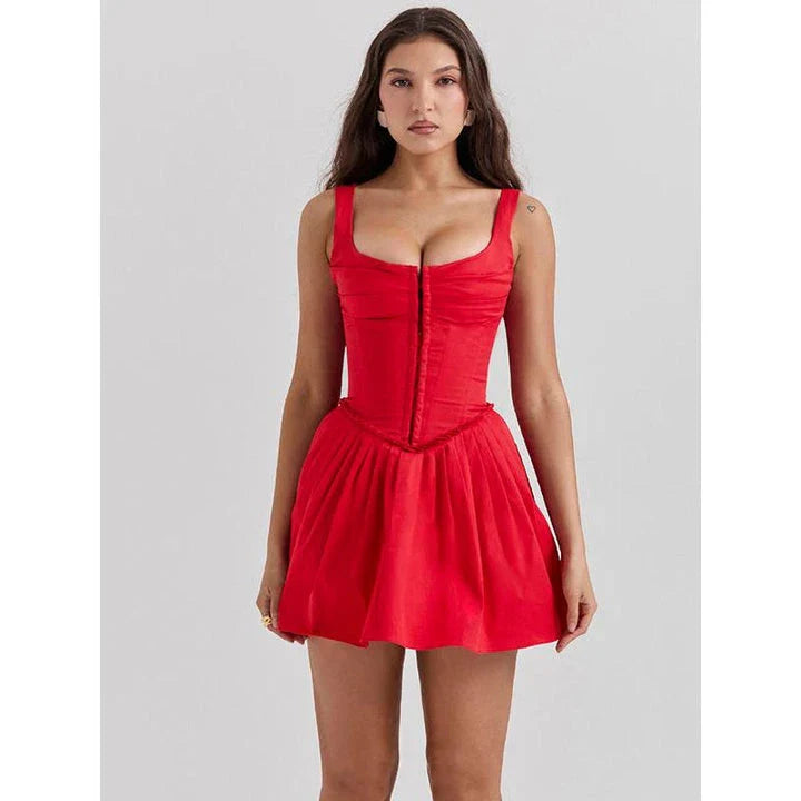 Red sleeveless mini dress with square collar and backless design, perfect for parties and special events.