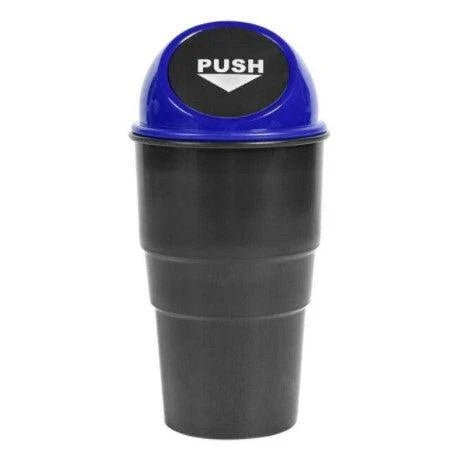 Compact in-car rubbish bin made of durable ABS plastic, designed to fit in car cup holders and keep vehicles clean and organised