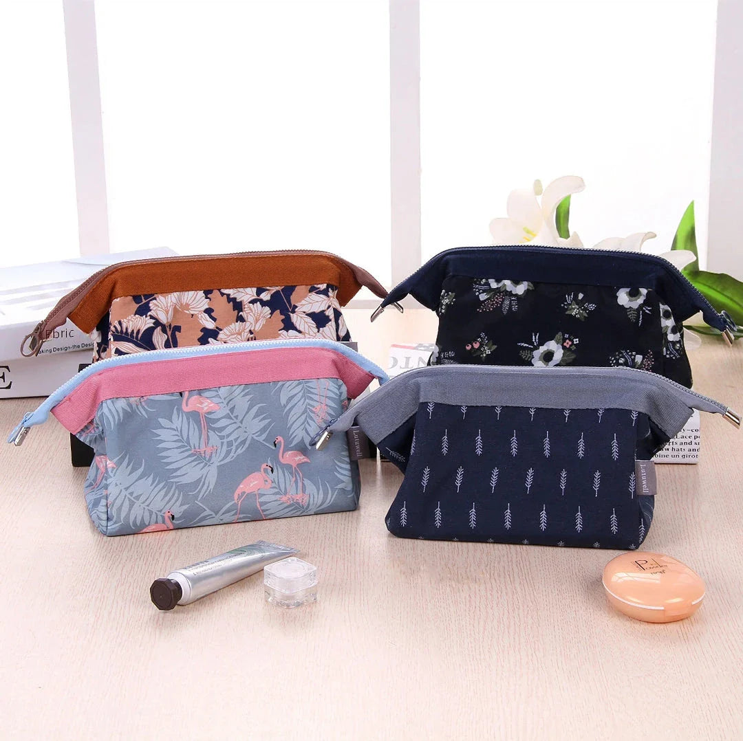 Flamingo-patterned travel makeup and toiletry bag with spacious interior and convenient storage pockets