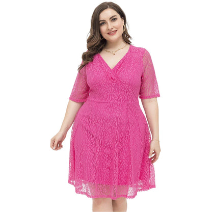 Stylish relaxed-fit v-neck lace dress in rose red color, featuring a flattering A-line silhouette and premium polyester fabric