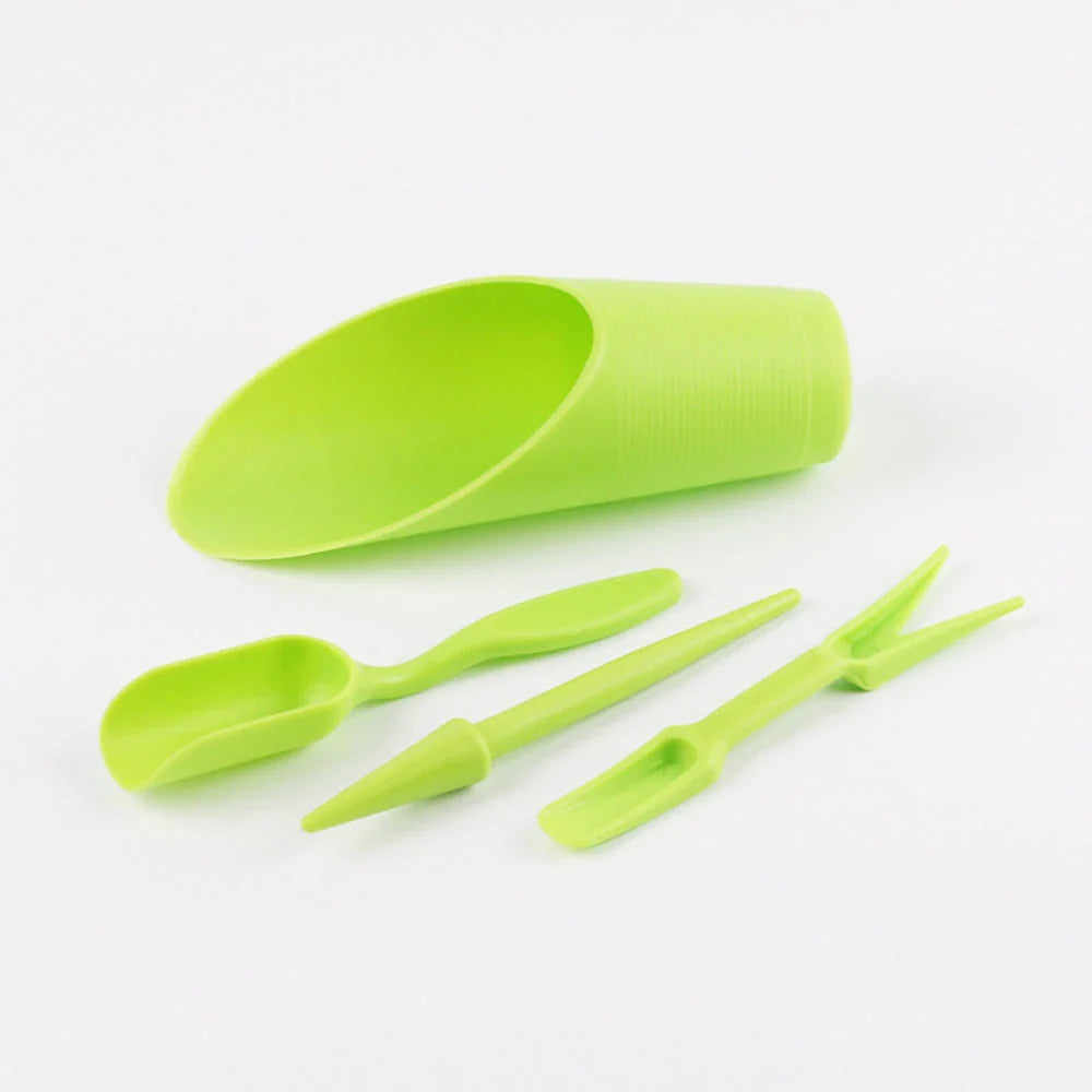 A 4-piece gardening tool set including a soil scoop, hand shovel, multi-use bucket, and seedling transplanter
