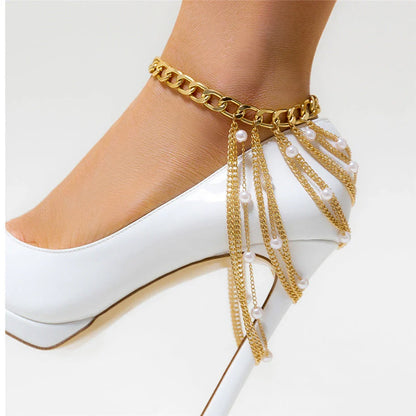 Fashionable gold-tone boho chic tassel pearl anklet for Kiwi women with an adjustable chain and elegant design