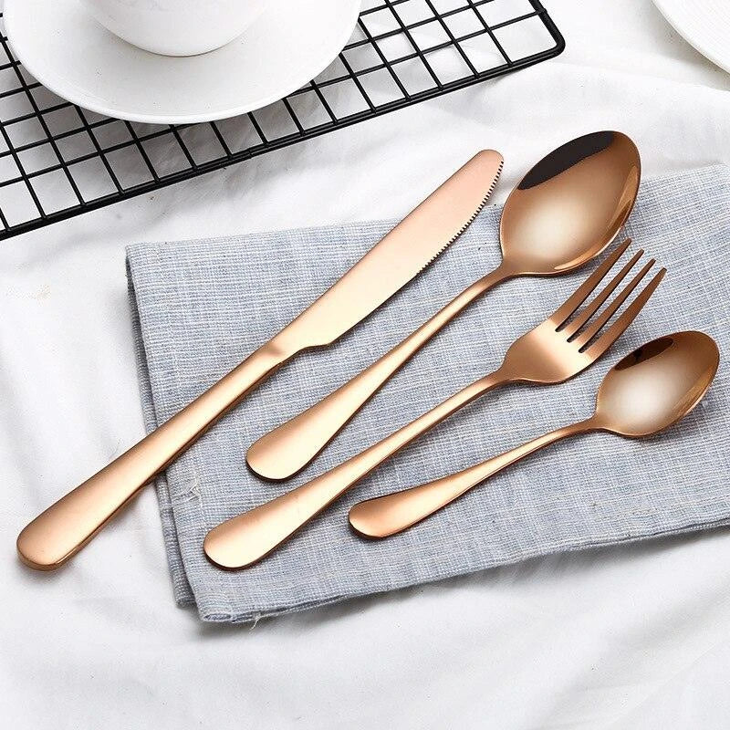 Eco-Friendly Stainless Steel Tableware Set - 4 Piece Collection with Knife, Fork, Spoon, and Tea Spoon