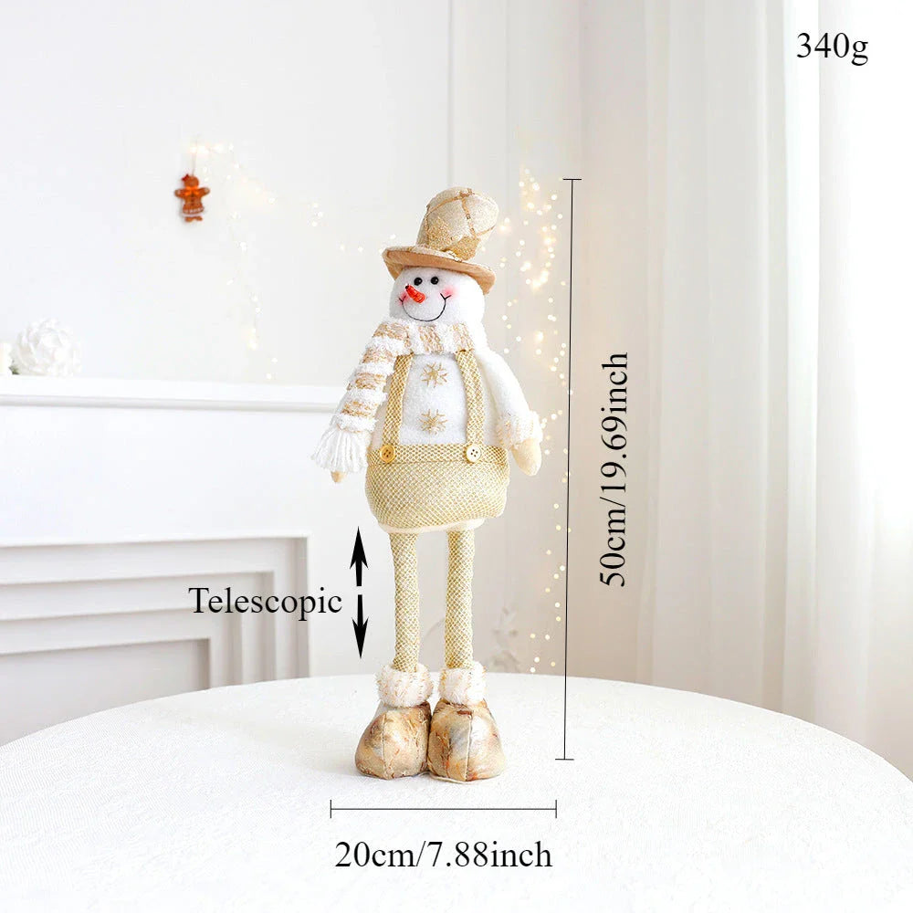 Retractable Christmas decorations featuring a snowman, reindeer, and elderly figure in a shimmering gold hue