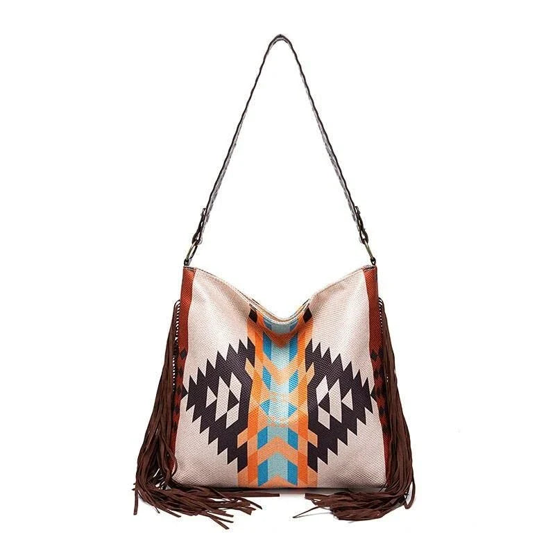 Stylish Bohemian canvas shoulder bag with colorful knitting and tassel details