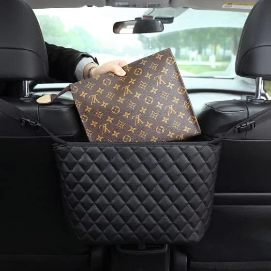 Quilted polyurethane leather car storage bag with adjustable straps for attaching to front headrests