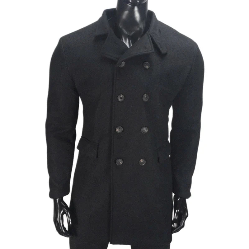 A stylish and warm wool coat for men, featuring a streamlined European-inspired design and practical side pockets.