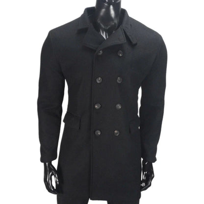 A stylish and warm wool coat for men, featuring a streamlined European-inspired design and practical side pockets.