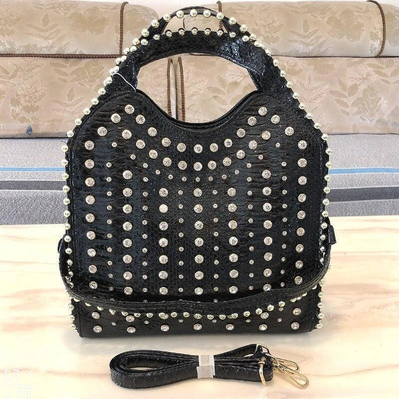 Stylish diamond-studded messenger bag with premium PU leather construction and sparkling rhinestones