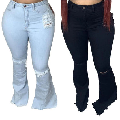 Stylish stretch denim flare jeans in black and light blue colors, featuring a high-waisted, bell-bottom design for a flattering, retro-inspired look.