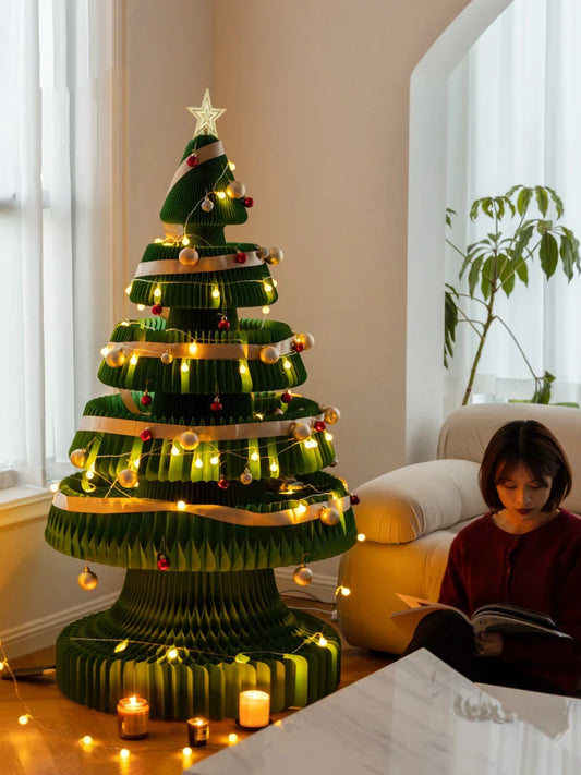 Origami Christmas tree decoration made from recycled paper, featuring a Nordic-inspired design and Kiwi charm