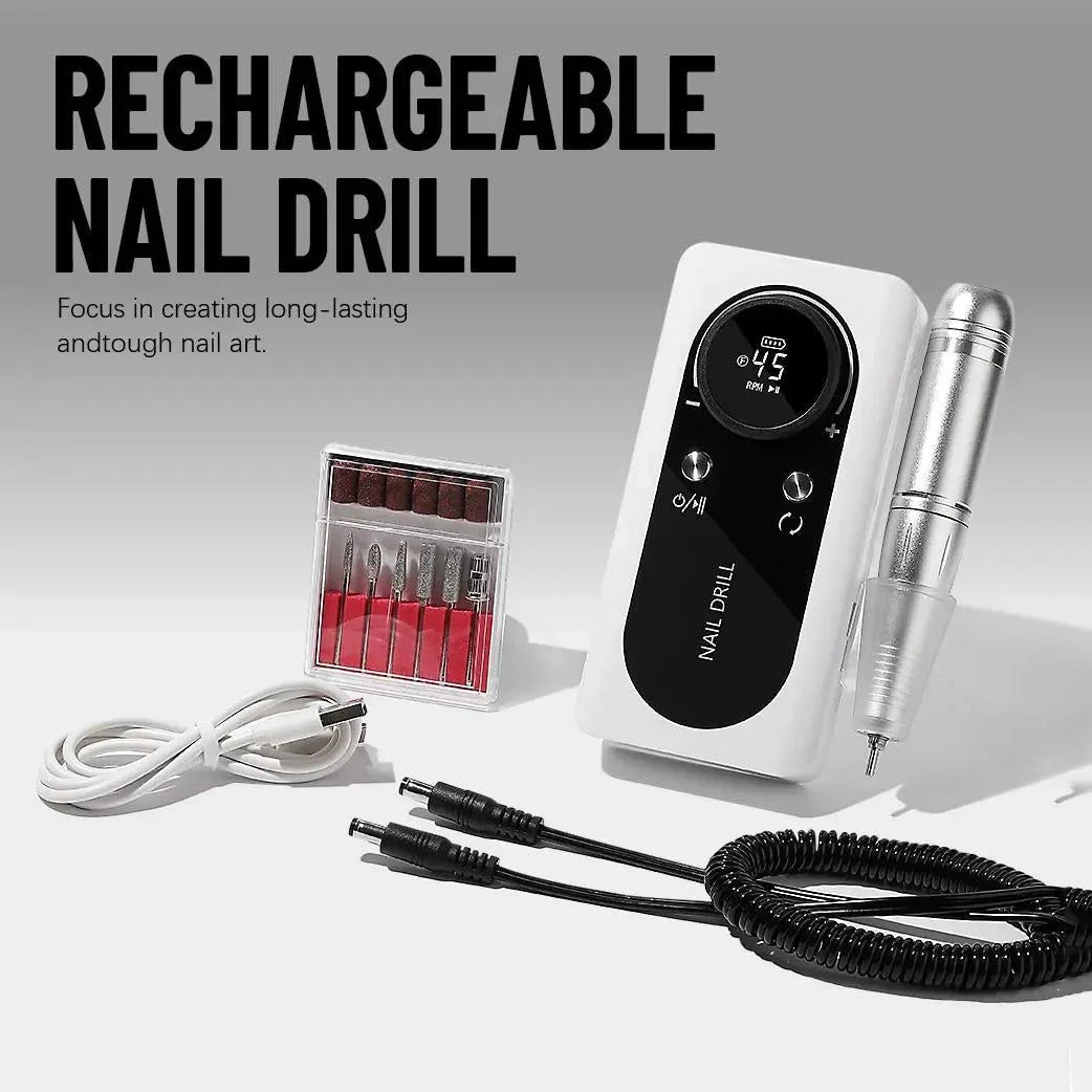 A high-speed 45,000RPM rechargeable electric nail drill with a LCD display for manicures and polishing