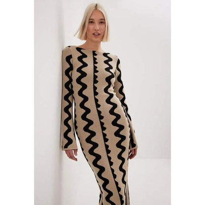 Elegant striped knit midi dress with O-neck design, featuring a flattering slim fit and comfortable ankle-length cut for the modern Kiwi woman.