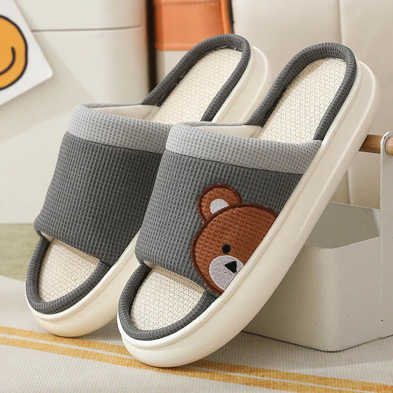 Cozy cartoon bear linen slippers with non-slip soles, perfect for indoor Kiwi comfort