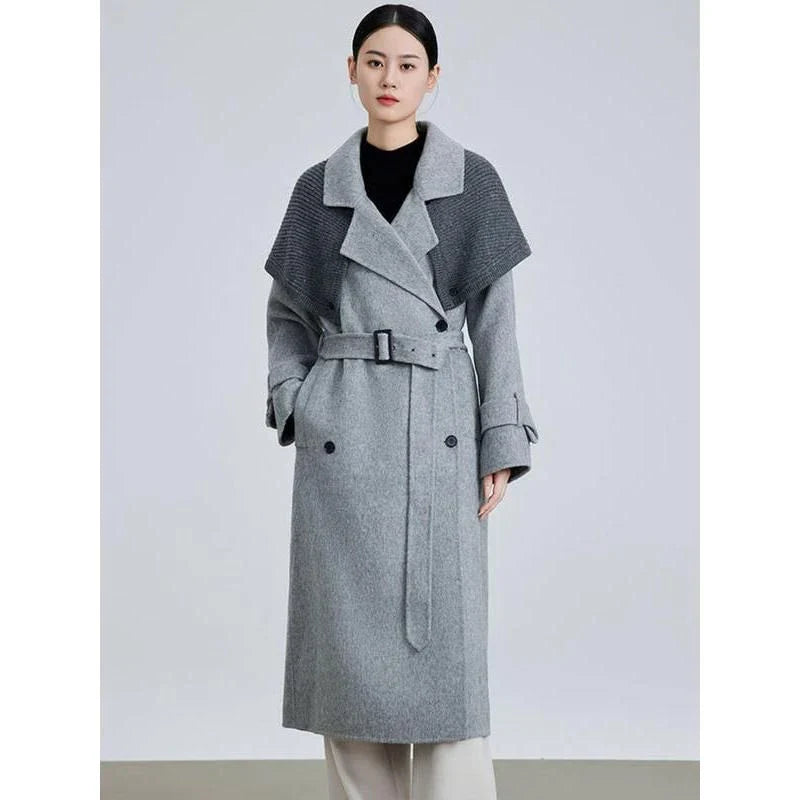 Stylish patchwork woollen blazer with large lapel and belt for a flattering silhouette