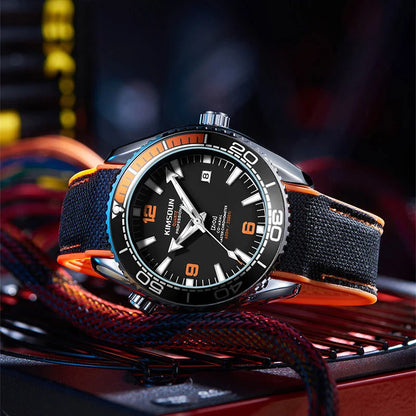 Stylish silver mechanical watch with luminous hands and indices, transparent bottom, and orange accent circle