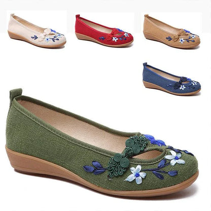 Trendha's Floral Buckle Low-top Shoes in various colors, showcasing a stylish suede upper and durable rubber sole for comfortable everyday wear.