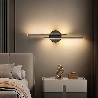 Stylish double linear LED wall light in black, creating warm and cosy ambience in a modern Kiwi home